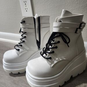 Demonia White Platform Lace-Up Ankle Boots with Black Laces